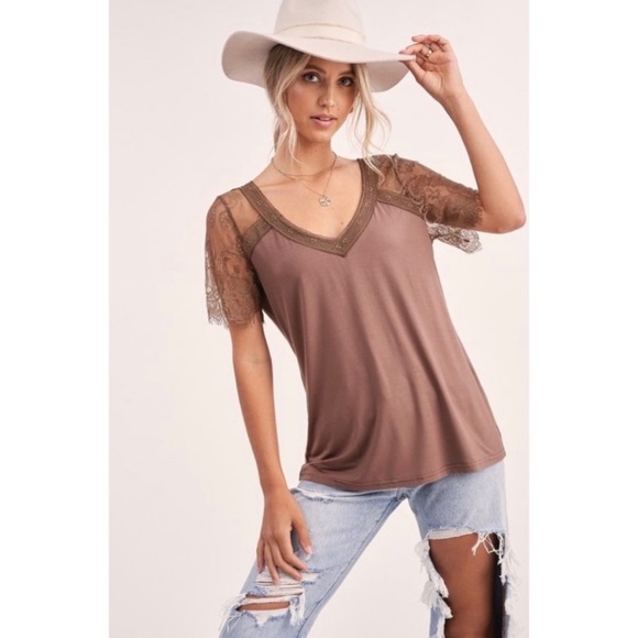 SOLD OUT Mocha Lace Scallop V-Neck Short Sleeve Top - Picture 2 of 3